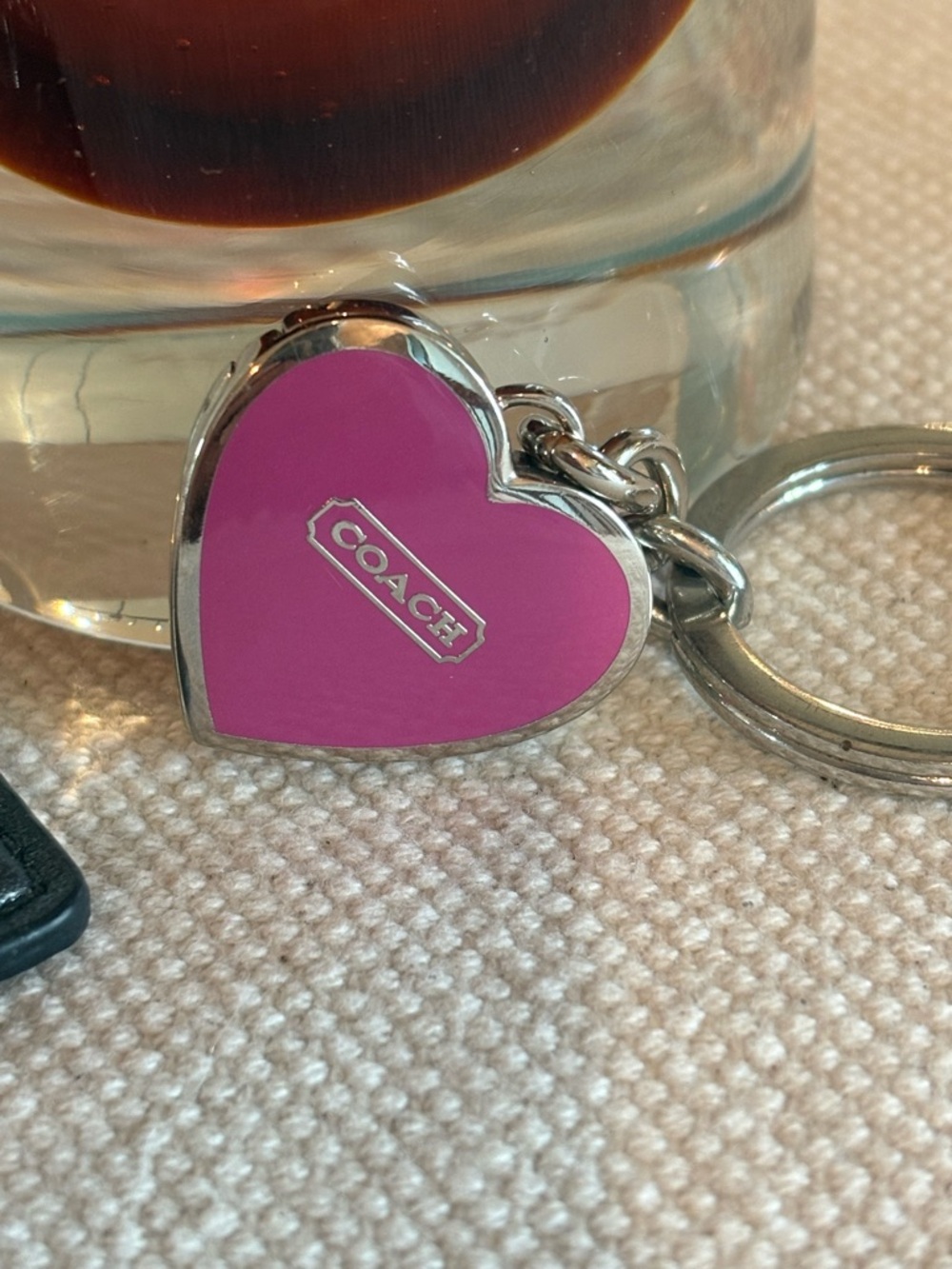 Coach Pink Heart Enamel Key Ring with Black Leather Tag - Picture 2 of 6